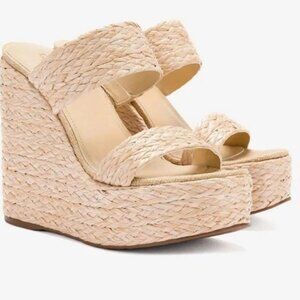LARROUDE Pamela Wedge Natural Raffia Cushioned Sandal Size 7 but fits wider